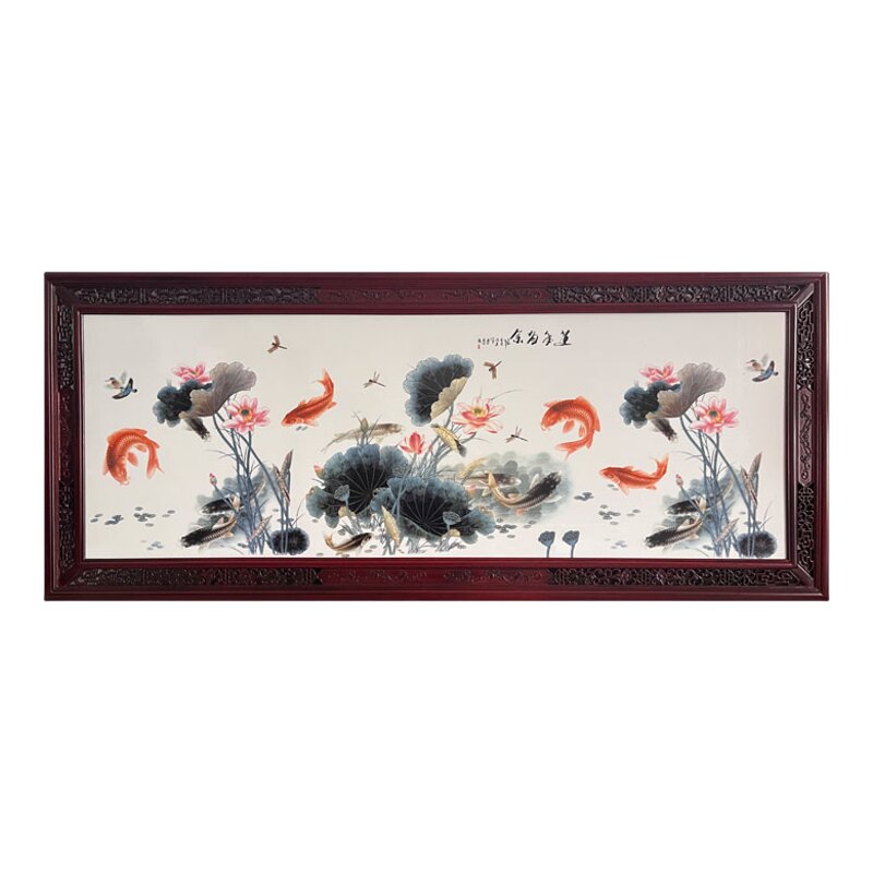 景德镇手绘瓷板画陶瓷中堂装饰画实木客厅挂画餐厅办公室挂屏中式
