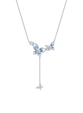 流苏蝴蝶项链纯银锁骨链女蓝宝石