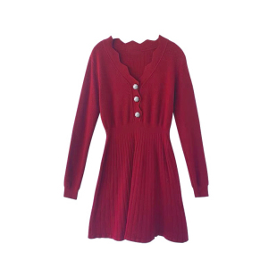 SA小树清仓新年水钻纽扣长袖连衣裙v领波浪边高腰设计感a字短裙女