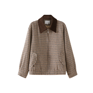 OSA欧莎复古千鸟格外套女2025秋冬季新款宽松巴恩风撞色翻领夹克