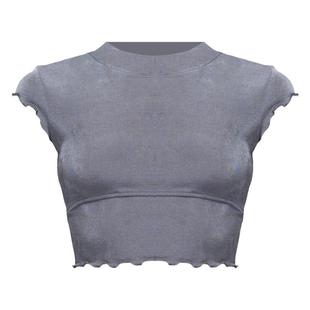 EMPTY PAGE黑/银灰色短款网纱修身T恤女荷叶边性感露脐弹力短袖