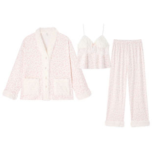 BE海岛绒睡衣女款冬季加绒三件套豹纹秋冬带胸垫牛奶绒法兰绒薄绒