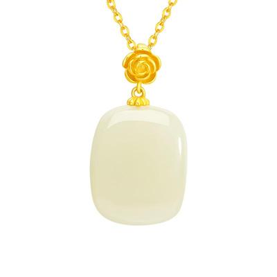 周大生银项链和田玉方形花朵项链送女友生日礼物和田玉玫瑰花项链