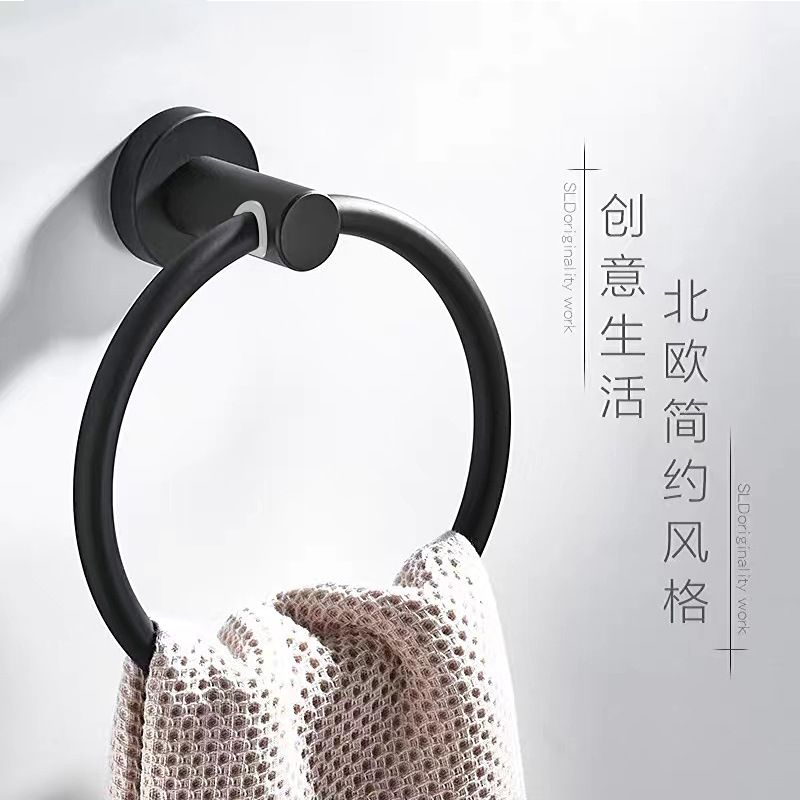 新品 304不锈钢毛巾环浴室专用黑色毛巾挂免打孔卫生间毛巾架圆形