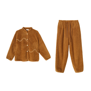 朵朵可可睡衣女2025秋冬新款柔软珊瑚绒立领前扣保暖家居服套装
