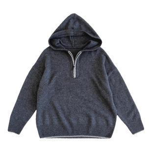 慵懒风撞色牙边半拉链连帽衫100%纯羊毛针织衫女秋冬宽松套头毛衣