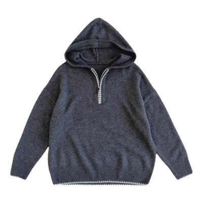 慵懒风撞色牙边半拉链连帽羊毛衫