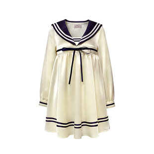 GirlyFancyClub早春航海穿搭缎面娃娃裙子长袖学院风海军领连衣裙