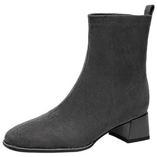 千百度粗中跟弹力袜靴女冬季新款瘦瘦靴时尚短靴子透气时装靴