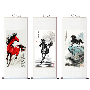 马到成功骏马丝绸卷轴画办公室八马图挂画字画客厅装饰画水墨国画