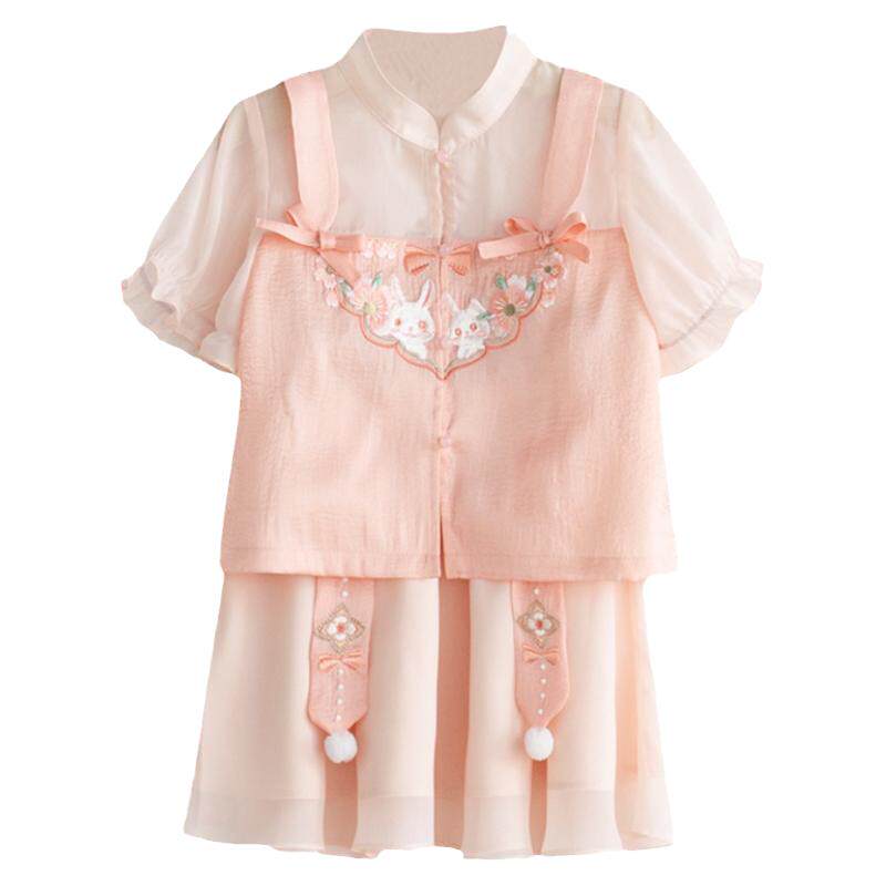汉服夏季女宝唐装泡泡袖短裙套装