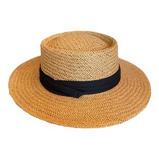 老钱风复古平顶草帽女夏沙滩海边度假防晒帽子英伦风草编遮阳礼帽