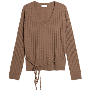 322WORKHOUSE羊毛v领针织衫女2025新款秋季绞花毛衣系绳上衣B603