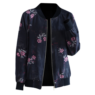 真丝短外套女2026春秋新洋气质印花棒球服电力纺桑蚕丝绸夹克开衫