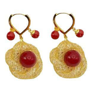 花团锦簇安克拉红珠耳坠轻奢高级感重工夸张耳环复古小众流行耳饰