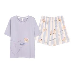 卡之恋睡衣女款2026新款夏季纯棉短袖带胸垫紫色熊短裤条纹家居服