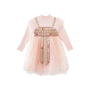 YUAN厵女童民族风毛衣裙冬季新款儿童加厚加绒国风连衣裙潮演出服