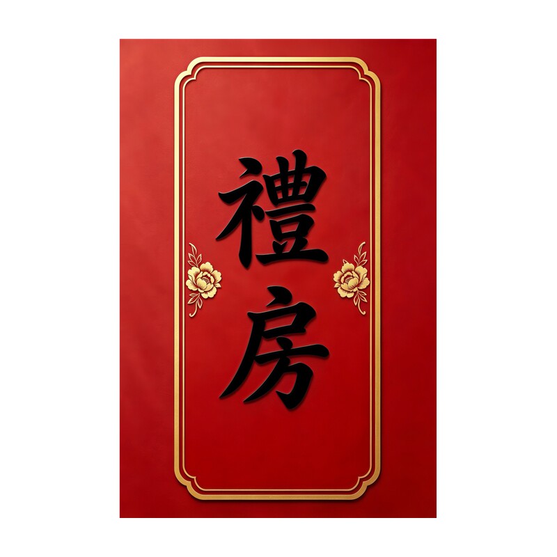 中式婚礼礼房门牌墙贴红底金边牡丹花纹喜庆传统婚庆场景装饰贴纸