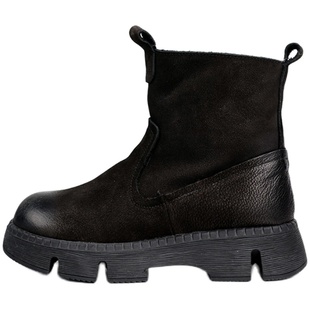 脱毒家 羊毛厚底女短靴真皮侧拉链舒适中跟女鞋牛皮加厚保暖棉靴