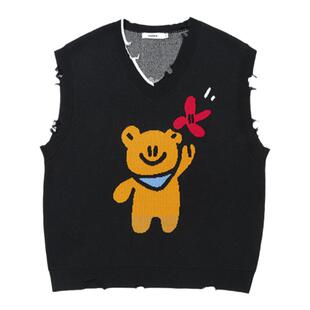 双高胎明星同款GUUKA潮小熊V领针织衫叠穿马甲磨破情侣毛衣背心男