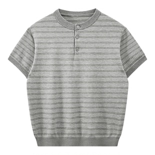 悟空有货街头复古条纹亨利领针织短袖T恤男潮牌宽松休闲半袖上衣