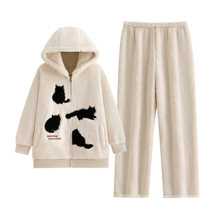 悦内情侣睡衣女冬季加厚加绒珊瑚绒保暖家居服男款大码可外穿猫咪