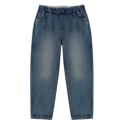 安奈儿童装女童牛仔裤2025冬新款加厚裤子保暖甜美深蓝弹力长裤