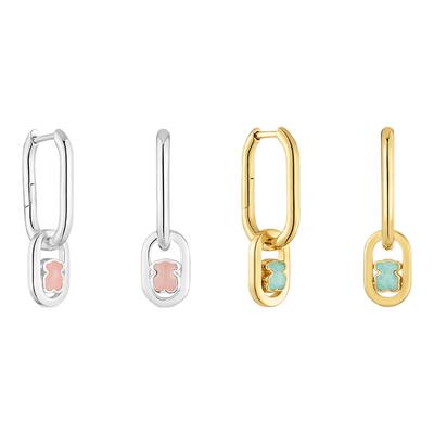 925银环形镂空彩色宝石小熊耳环