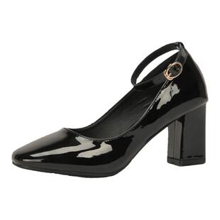 玛丽珍高跟鞋真皮粗跟酒红色方头漆皮妈妈鞋春秋婚礼一字扣单鞋女