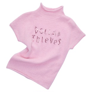 1JINN STUDIO马海毛珠片绣小高领针织短袖毛衣女修身收腰短款上衣