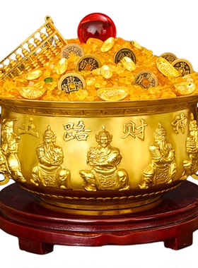 纯黄铜聚宝盆五路财神聚宝盆摆件家用财招装饰品办公室店铺开业礼