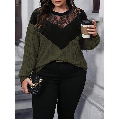 Q 96393 V Neck Long Sleeve Lace Sweater 撞色V领毛衣 跨境