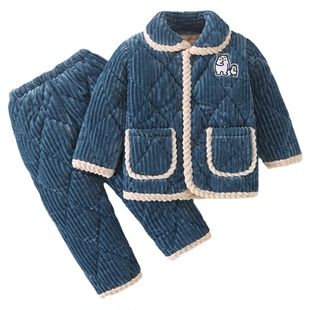 儿童睡衣男童冬季加厚款法兰绒三层夹棉加绒男孩女童珊瑚绒家居服