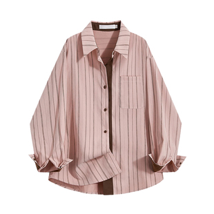 专柜韩系粉色条纹撞色polo衬衫女士春秋慵懒休闲百搭宽松衬衣外套