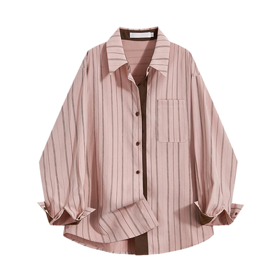 专柜韩系粉色条纹撞色polo衬衫女士春秋慵懒休闲百搭宽松衬衣外套