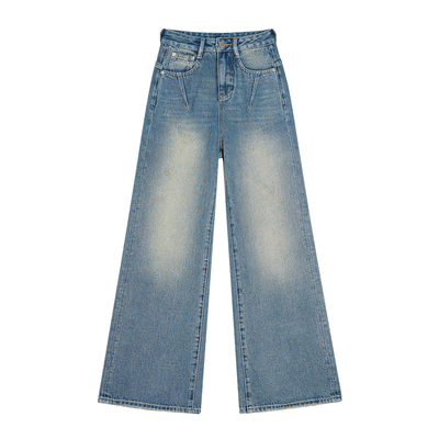 王家有鱼复古阔腿显瘦直筒牛仔裤