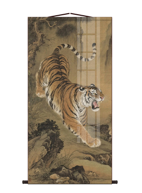 老虎画像中式猛虎卷轴挂画国画客厅背景墙玄关复古丝绸装饰挂轴画