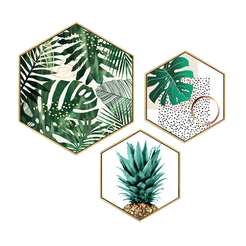 小清新现代简约绿色植物客厅六边形装饰画 组合挂画北欧餐厅壁画
