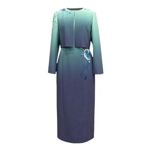 醋酸中式渐变精致刺绣外套连衣裙气质舒适修身显瘦长袖圆领女套装