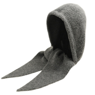 秋冬含羊毛连帽子围巾一体式保暖护耳灰色毛线帽子女针织护颈围脖