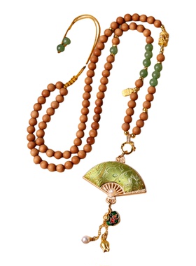 手工宋锦扇子吊坠链檀木碧玉挂链