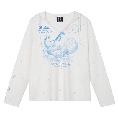 MEDM 演奏乐器的天使狗狗图案印花轻薄休闲连帽T恤可爱风上衣女款