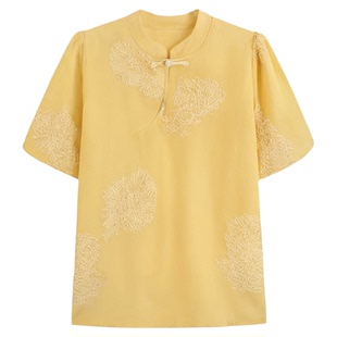 新中式国风黄色提花立领斜襟短袖衬衫夏季高级感轻奢气质时尚上衣