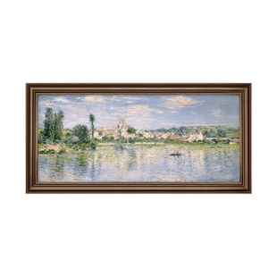 客厅装饰画美式挂画莫奈油画沙发背景墙手绘餐厅山水复古横版壁画