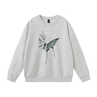 国风加绒卫衣女款2026新款无帽宽松慵懒风圆领灰色大码女装上衣女