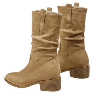 内增高8CM堆堆靴复古美拉德靴子女2025秋冬粗跟中筒马丁靴牛仔靴