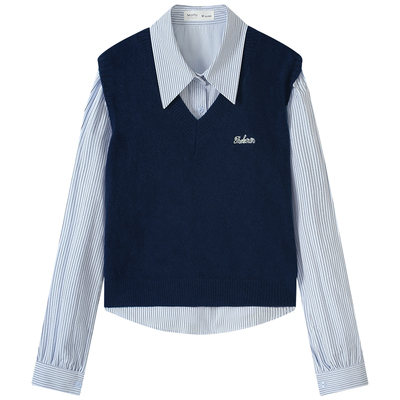 慕兔长袖条纹衬衫背心马甲套装