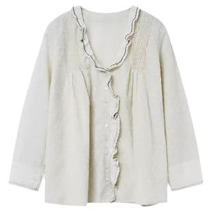 秒发！法式甜美风韩国2026viaplain气质V领波点荷叶边长袖衬衫女