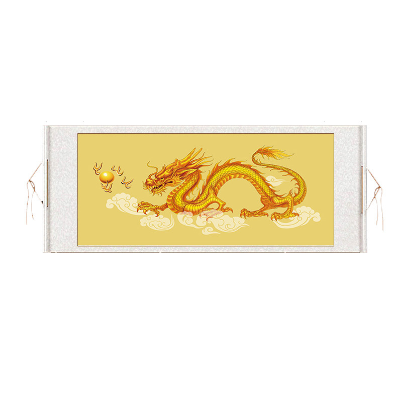 客厅横版背景墙金龙戏珠装饰画办公室大气中国龙国画卷轴挂画壁画
