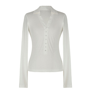 SEEKSIMPLE 单薄感翻领按扣长袖T恤V领紧身显瘦打底上衣女春秋